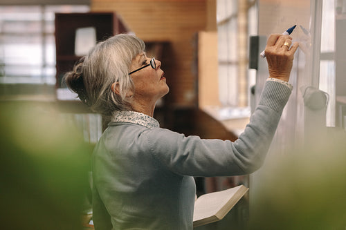 Senior female lecturer writing on board