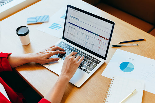 Person analyzing project data on a laptop with charts and notebook nearby