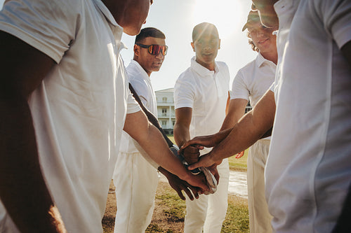 Cricket team huddle with united hands under sunny outdoor setting
