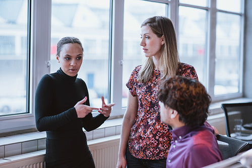 Young woman explaining business strategy to colleagues