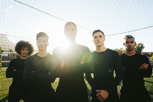 Five a side soccer team on field