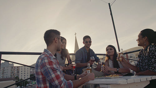 Happy young people toasting drinks at rooftop party