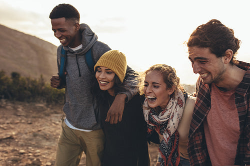 Social networking friends on hiking trip