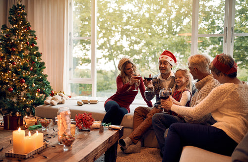 Family celebrating christmas with wine