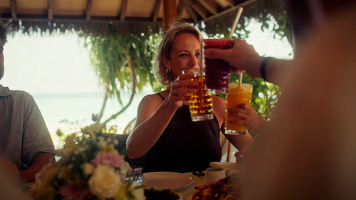 Happy family enjoying a delightful resort breakfast together at a beautiful tropical destination