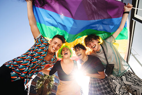 Cheerful LGBTQ+ people celebrating with the rainbow flag