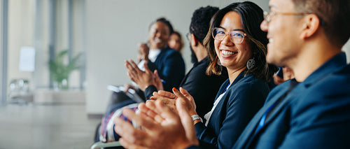 Diverse professionals applauding at corporate conference