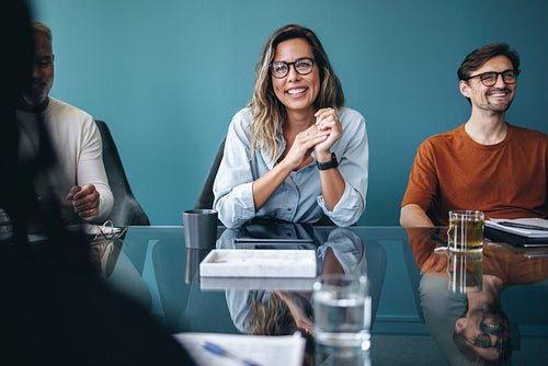 Team of professionals collaborating on a project in a boardroom