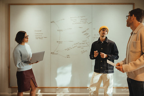 Colleague listens as team reviews whiteboard plans