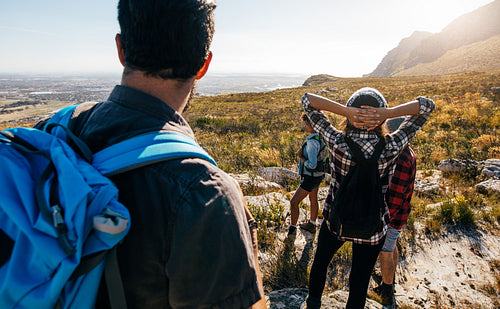 Group of friends hiking in nature