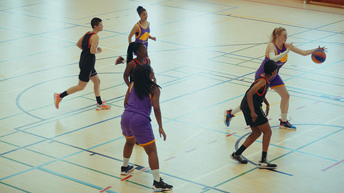 Young diverse group playing basketball