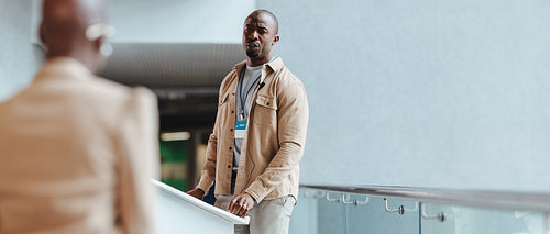 Entrepreneur engaging in a business discussion on a conference podium