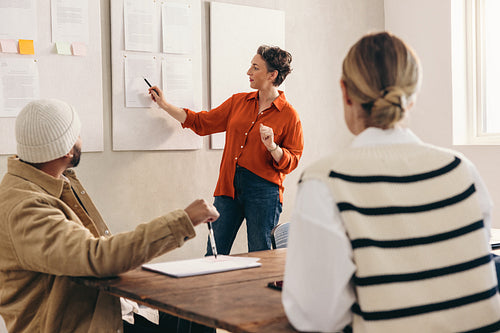 Mature businesswoman presenting some reports to her team