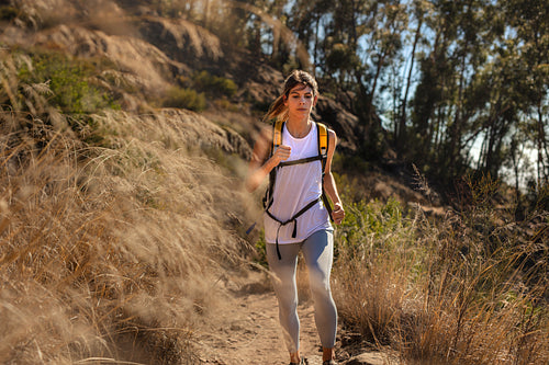 Fit woman running through mountain trail
