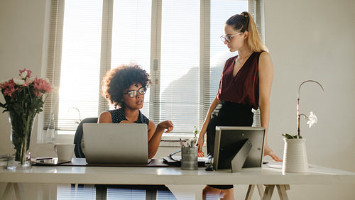 Two businesswoman discussing work in office