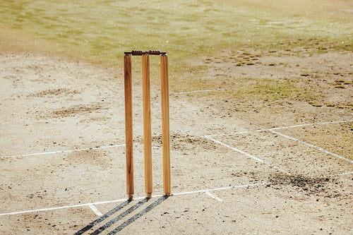 Cricket stumps on a grassy pitch under bright sunlight
