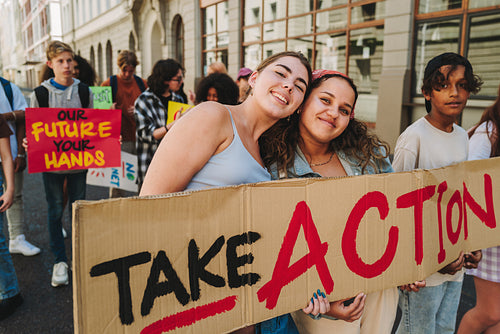 Teenagers marching against climate change and global warming