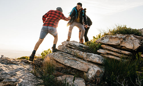 Group of hikers walking in the nature at sunset