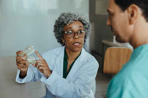 Dentist consultation with male patient using dental model in a modern clinic
