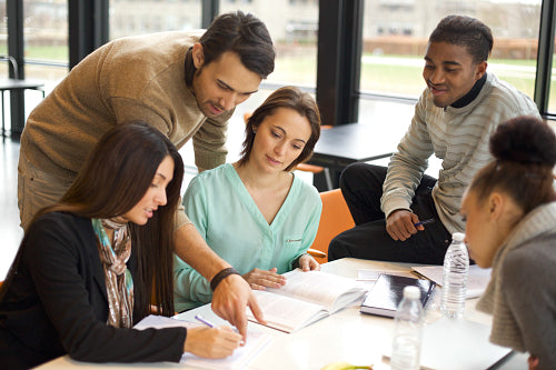 Group of young students studying together
