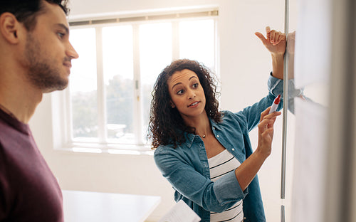 Woman entrepreneur explaining business ideas on whiteboard in office