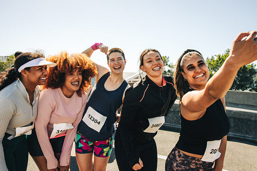 Diverse group of women taking a selfie during a marathon