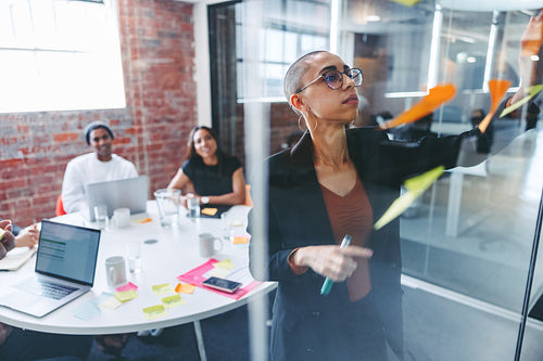 Focused young businesswoman sticking adhesive notes to a glass w