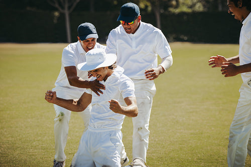 Cricket players celebrating after taking a wicket on a sunny field