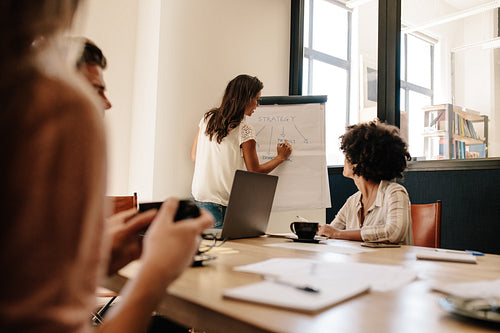 Businesswoman giving presentation to colleagues in conference room