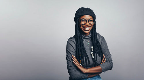 Smiling african female with long dreadlocks