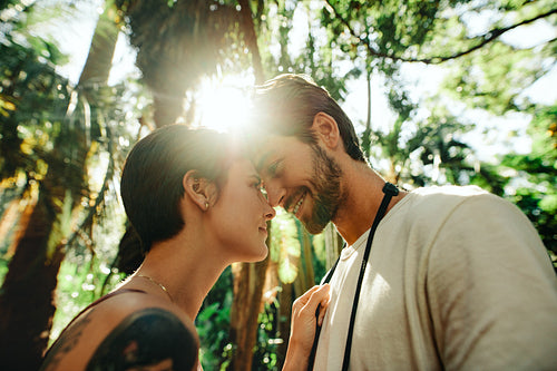 Tourist couple in romantic mood outdoors on a holiday