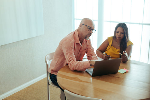Company executives using a laptop to discuss business strategies and growth opportunities