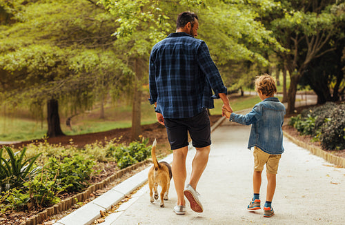 Father and son walking with a dog in the park