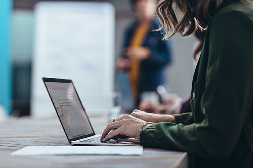 Female executive using laptop during a presentation