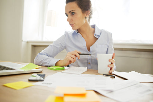 Pretty young female working at home