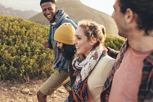 Friends having fun on their hiking trip