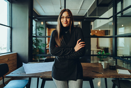 Young businesswoman standing in an office boardroom