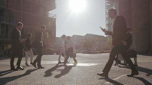 Office going pedestrians on phones while commuting to work