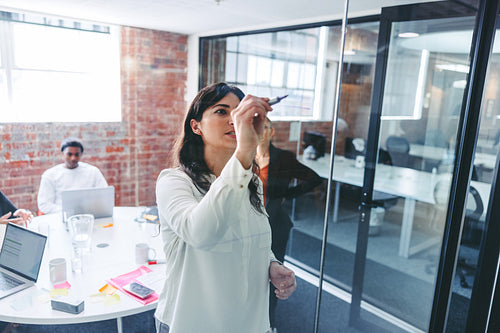 Creative young businesswoman writing on a glass wall