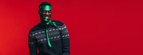 Man wrapped as a present