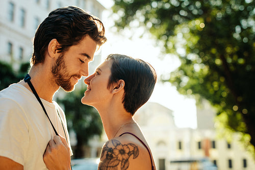 Tourist couple in romantic mood outdoors