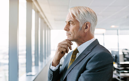 Thoughtful senior businessman standing by window