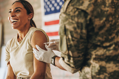 American servicewoman getting vaccinated in the military hospita