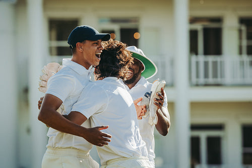Teammates celebrating together after achieving a winning moment in cricket