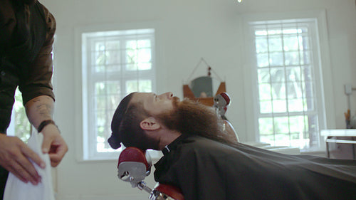 Hairdresser grooming client in barbershop