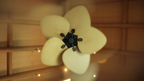 Five-bladed ceiling fan slowly spinning in a warm, relaxing indoor setting