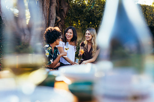 Multi-ethnic female friends having drinks at party