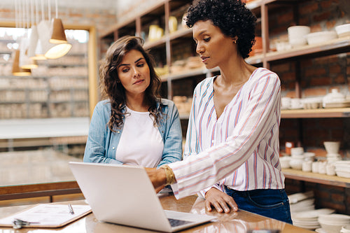 Two young businesswomen using a laptop together in their ceramic store