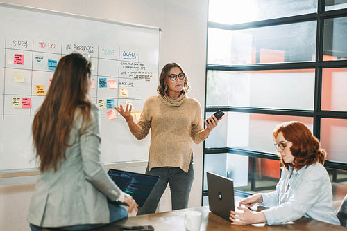 Scrum master leading a business meeting with creative ideas and teamwork