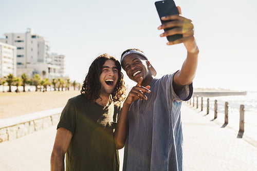 Friends making a selfie by seaside promenade